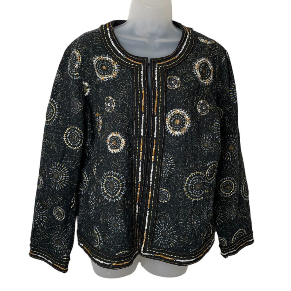 Chico's 2 Beaded Jacket Mandala Black Gold Sequins Lined Art to Wear Large Party